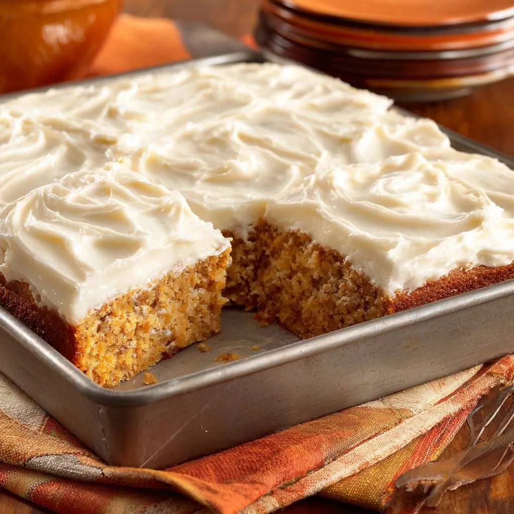 Pumpkin sheet cake with moist crumb revealed in a close-up cross-section showing the tender interior texture.