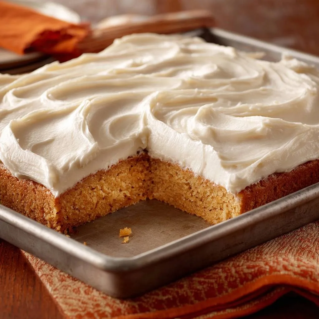 Pumpkin sheet cake with moist crumb forever, shown in a metal pan with a cross-section revealing the texture.