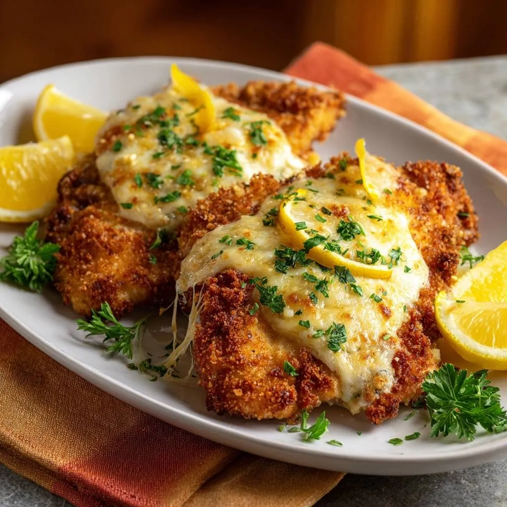 Quinoa-crusted chicken Parmesan topped with melted cheese, fresh lemon slices, and parsley garnish.