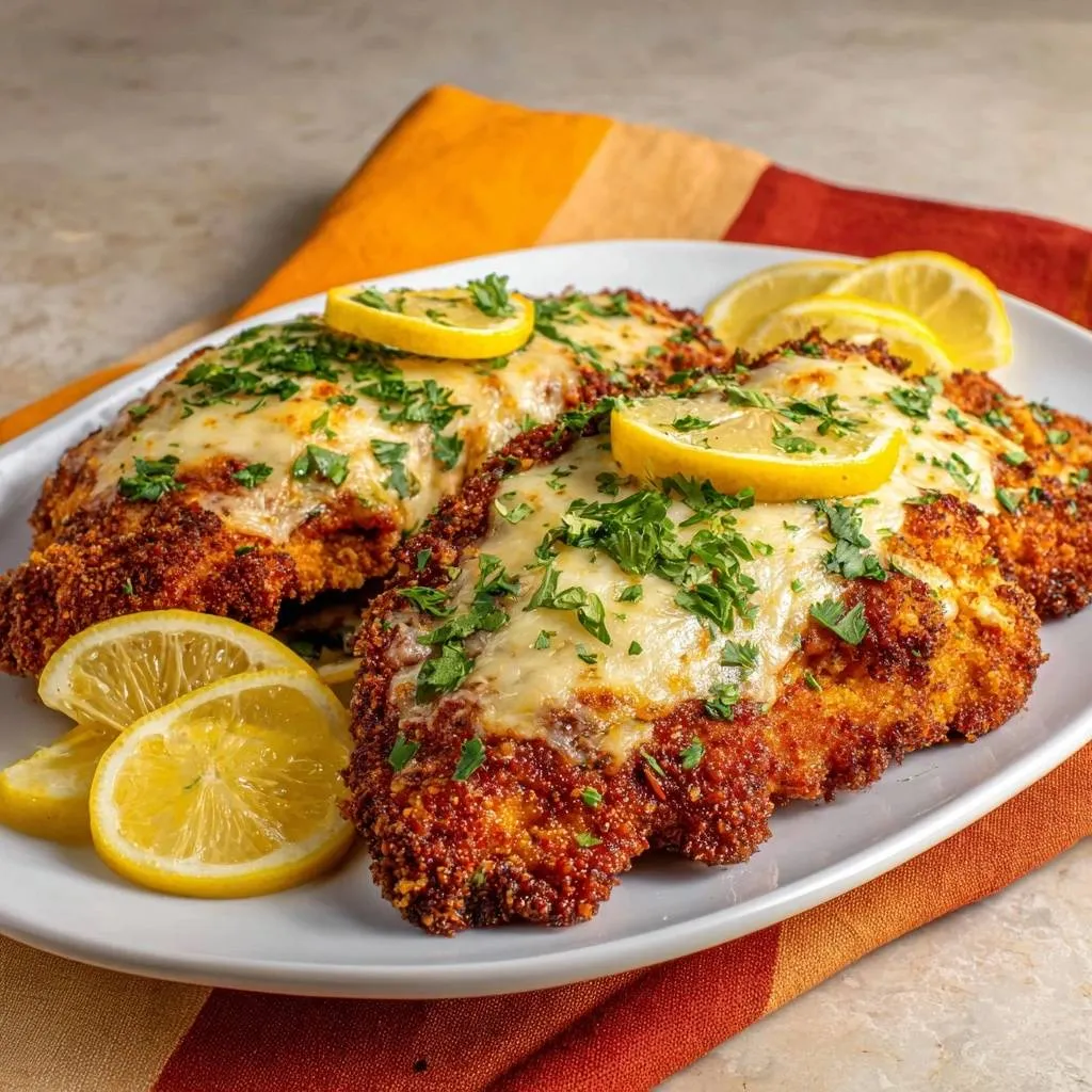 Quinoa-crusted chicken parmesan plated and garnished with fresh parsley and lemon slices.