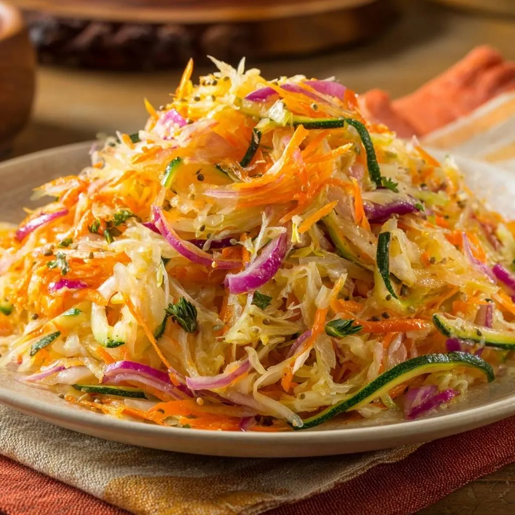 Crunchy rainbow veggie slaw featuring crisp zoodles, carrots, and red onion served on a plate.