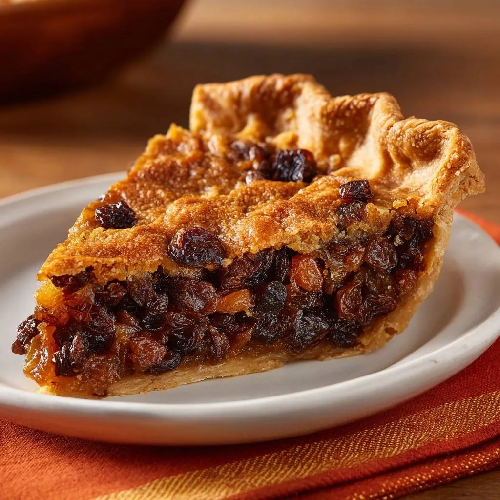 Classic raisin pie with stovetop thickened filling shown as a close-up cross-section slice on a white plate.