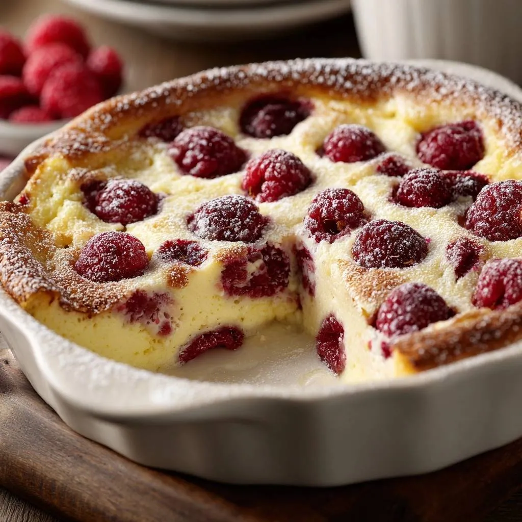Raspberry clafoutis showing a close-up interior slice with fresh raspberries baked into a creamy custard.