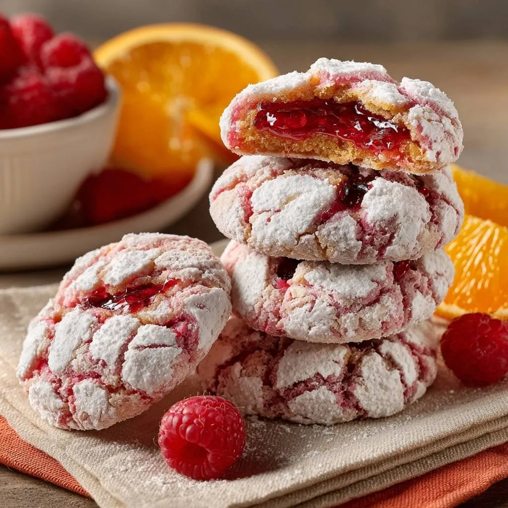 Raspberry orange crinkle thumbprints showing a jam-filled cross-section with powdered sugar coating