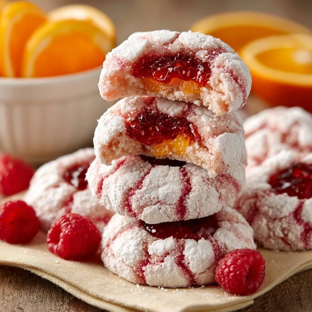 Raspberry Orange Crinkle Thumbprints stacked, showing a detailed cross-section with jam and orange filling.