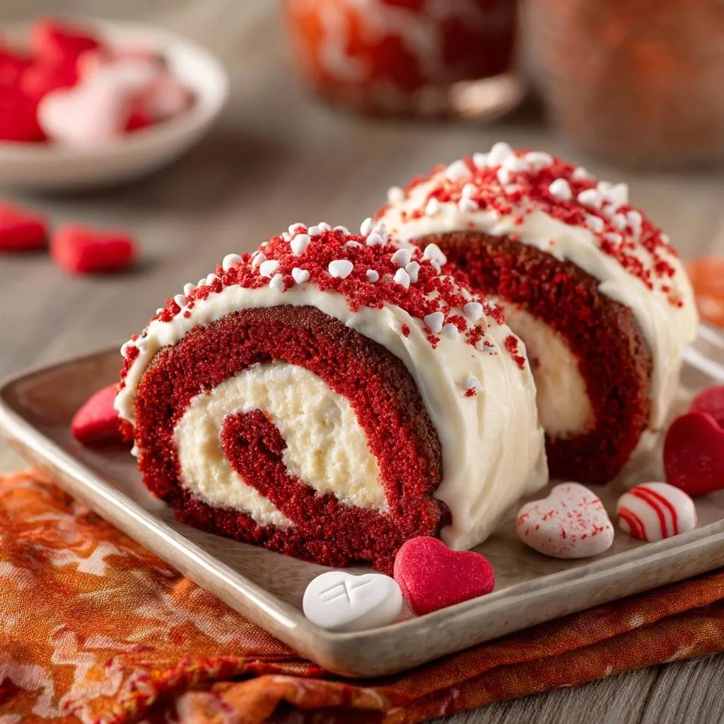 Red velvet cake roll cross-section detail showing the swirl of cream cheese filling and red cake, garnished with white icing and sprinkles.