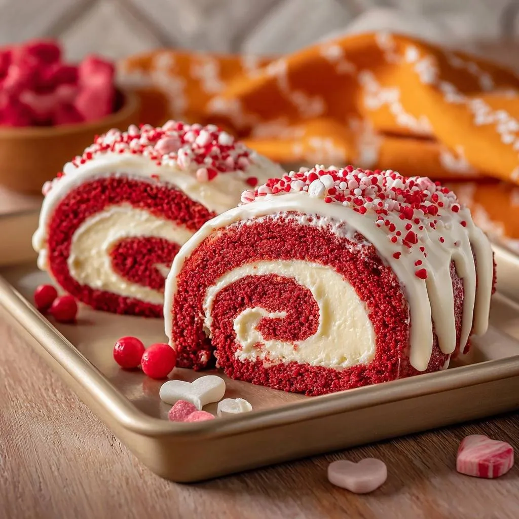 Red velvet cake roll cross-section with creamy filling, drizzled with white glaze and festive sprinkles.
