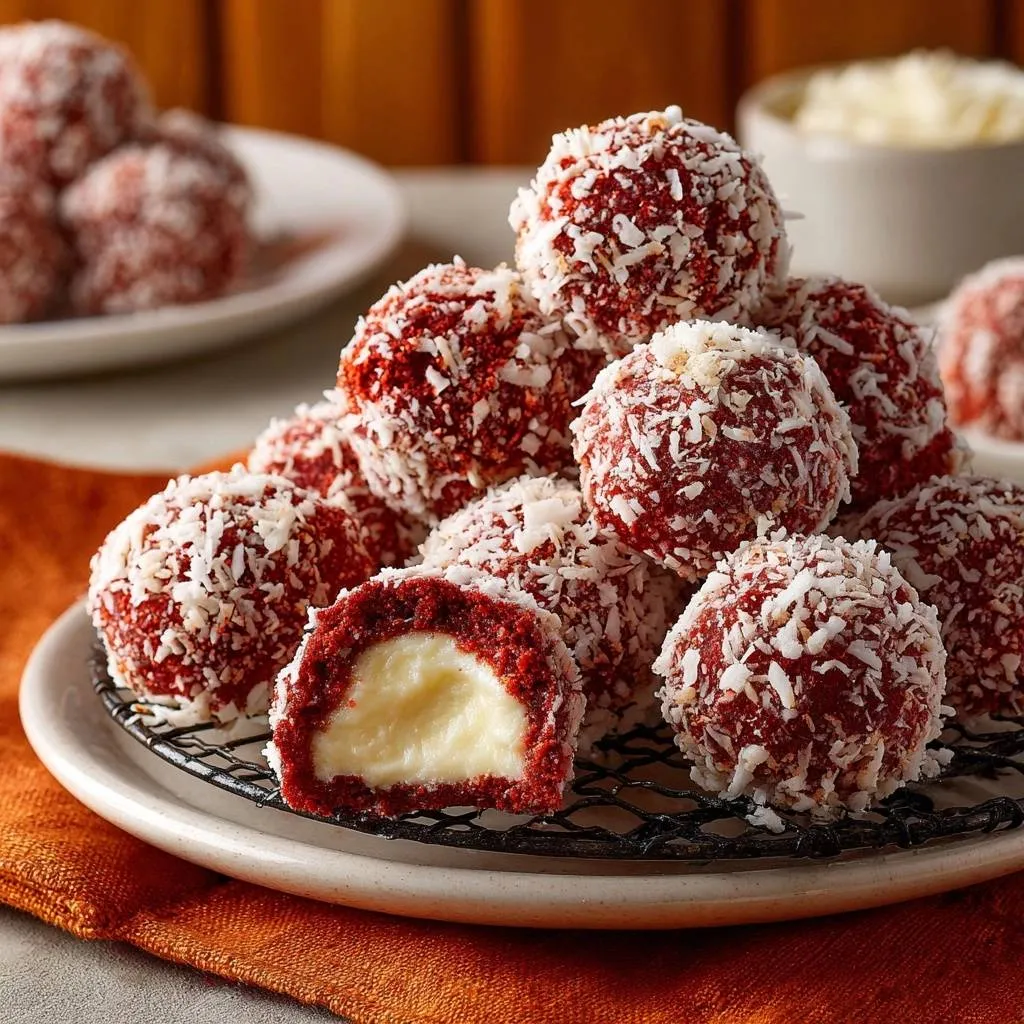 Red velvet cheesecake balls with a creamy filling, coated in shredded coconut, shown in a close-up cross-section.