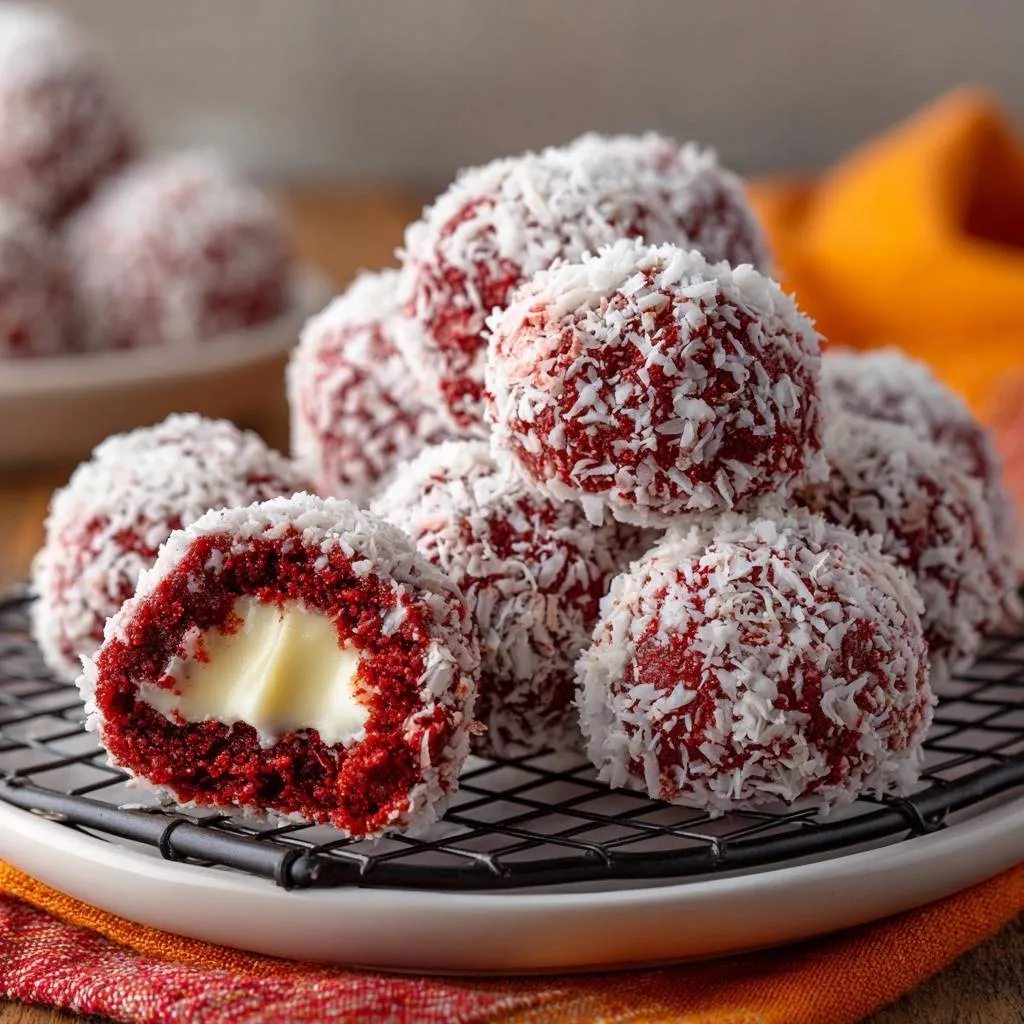 Red velvet cheesecake balls with a creamy white filling, shown in a close-up cross-section on a wire rack.