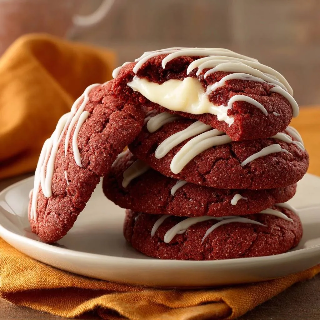 Red velvet cream cheese stuffed cookies, showing a cross-section of the gooey cream cheese filling inside the rich red cookie.