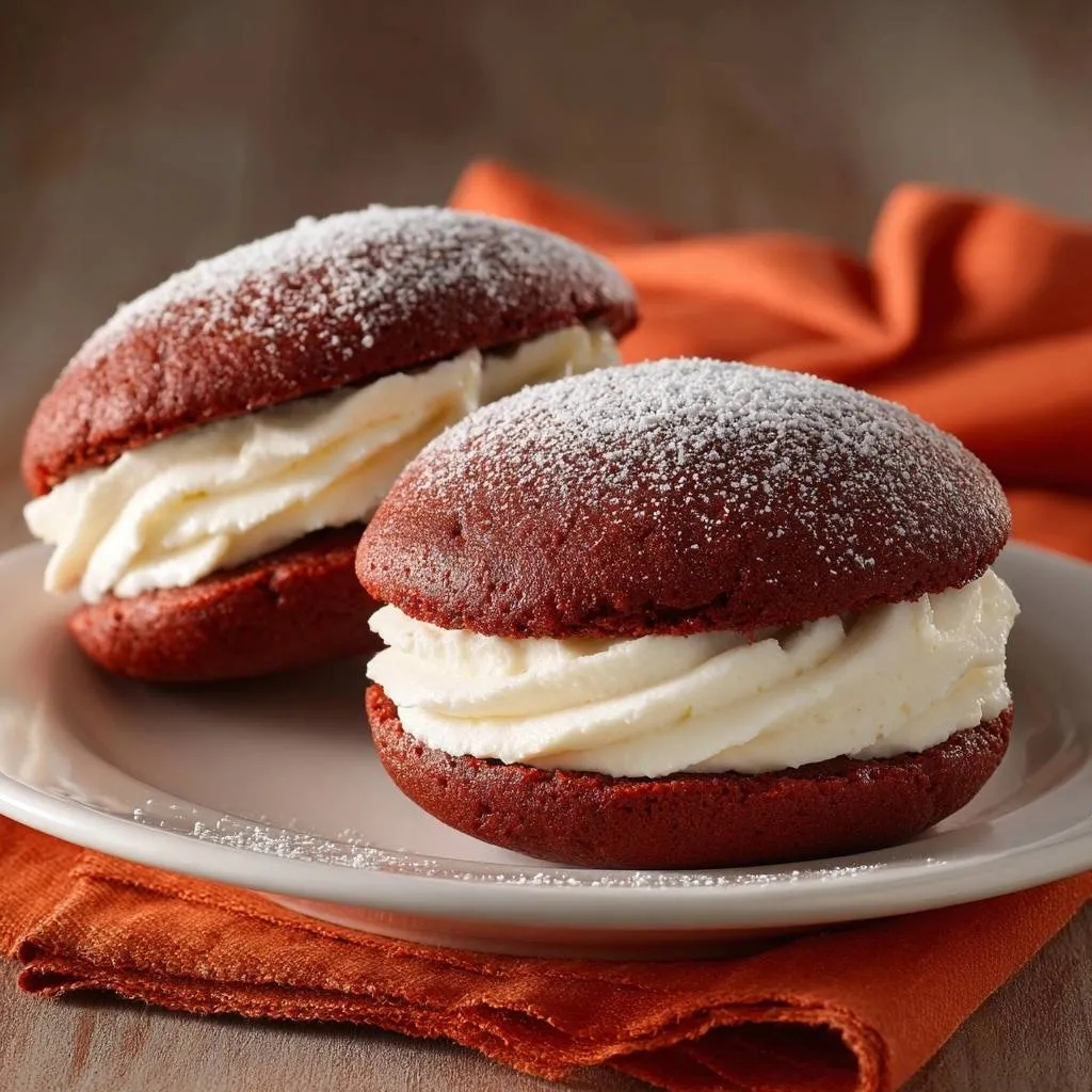Red velvet whoopie pies generously dusted with powdered sugar, presented on a white plate.