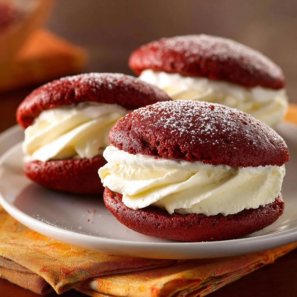 Red velvet whoopie pies filled with cream, dusted with powdered sugar, and arranged on a white plate.
