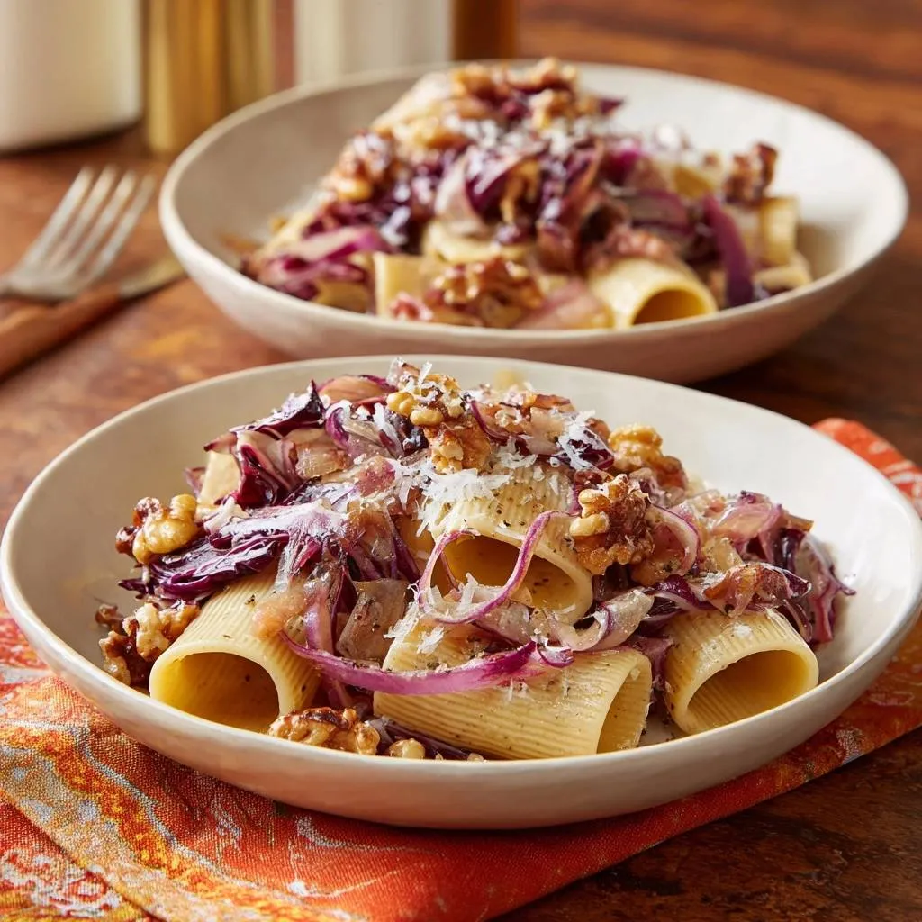Rigatoni with red cabbage, bacon, and walnuts served in two white bowls on a wooden table.