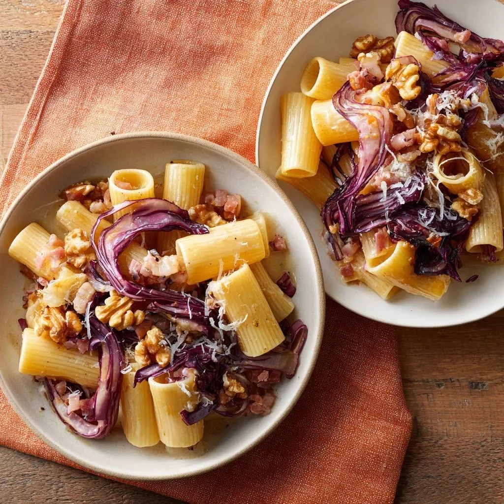 Rigatoni with red cabbage, bacon & walnuts served in two bowls, viewed from above on an orange napkin.