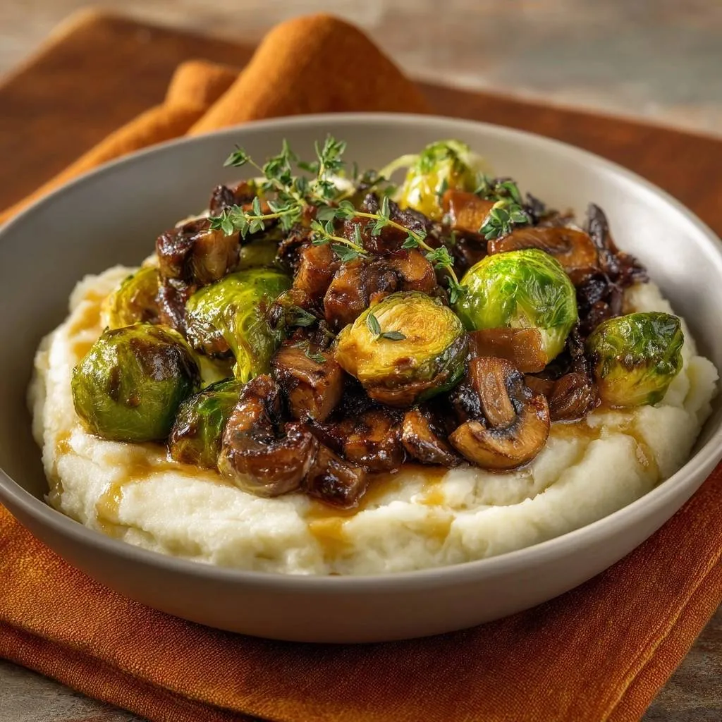 Roasted Brussels sprouts and mushrooms over creamy mash, with a sprig of thyme garnish.