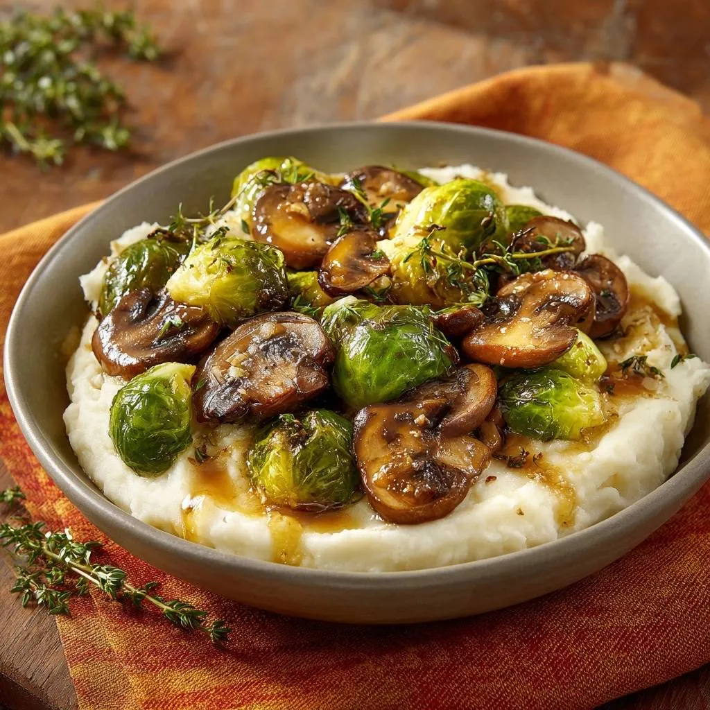 Roasted Brussels sprouts and mushrooms served over creamy mash in a rustic bowl, presented from an overhead perspective.