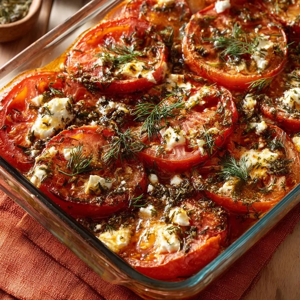 Roasted tomatoes with feta and dill, baked in a clear glass dish and topped with fresh dill sprigs.