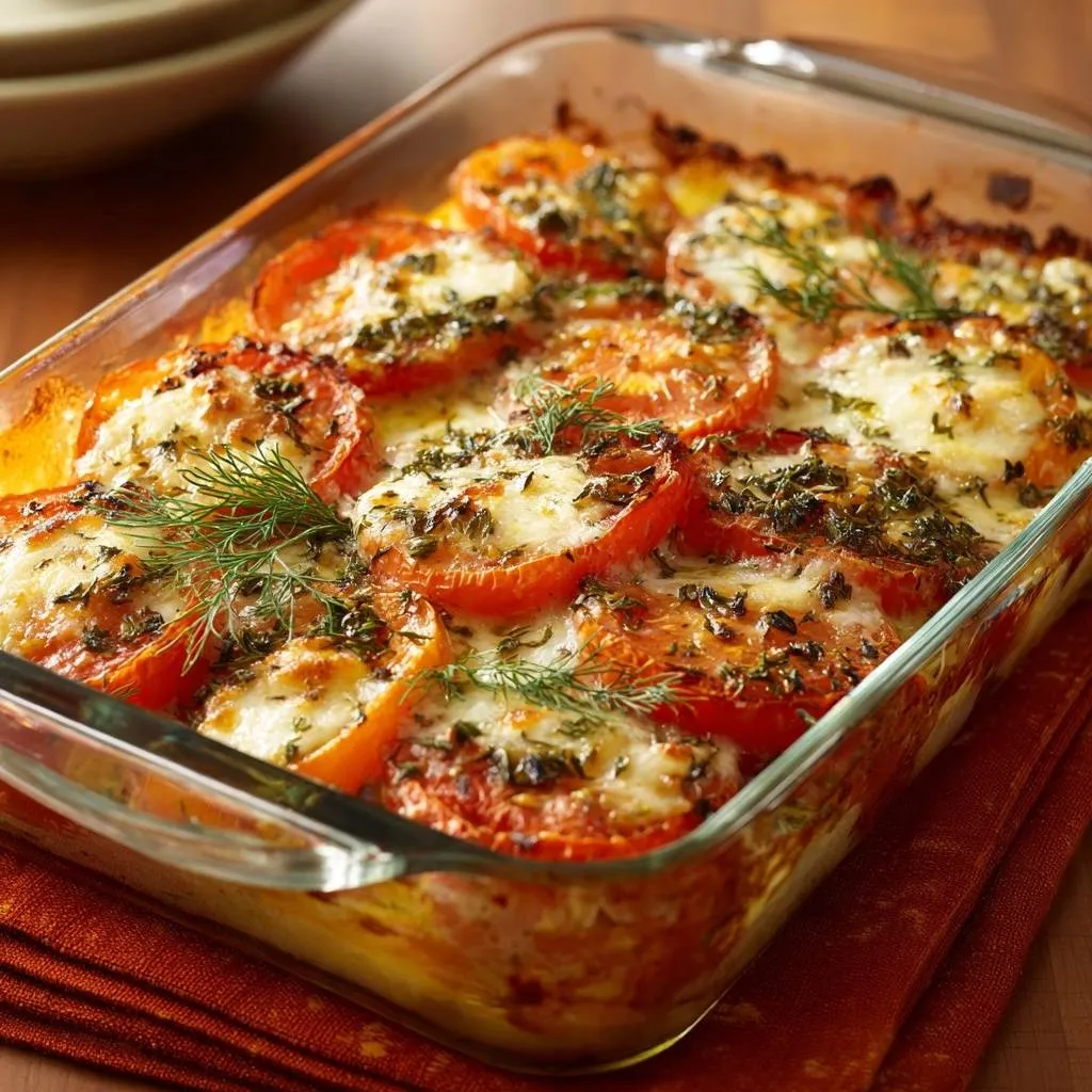 Roasted tomatoes with feta and dill baked in a glass dish, showing melted cheese and fresh herbs.