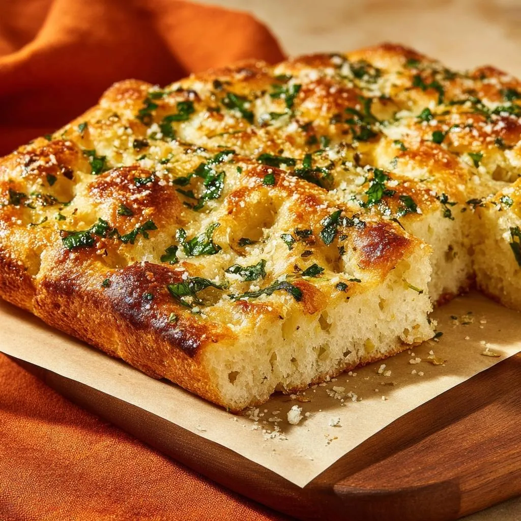 Rosemary garlic parmesan focaccia with big bubbles shown in a detailed cross-section revealing its airy interior.