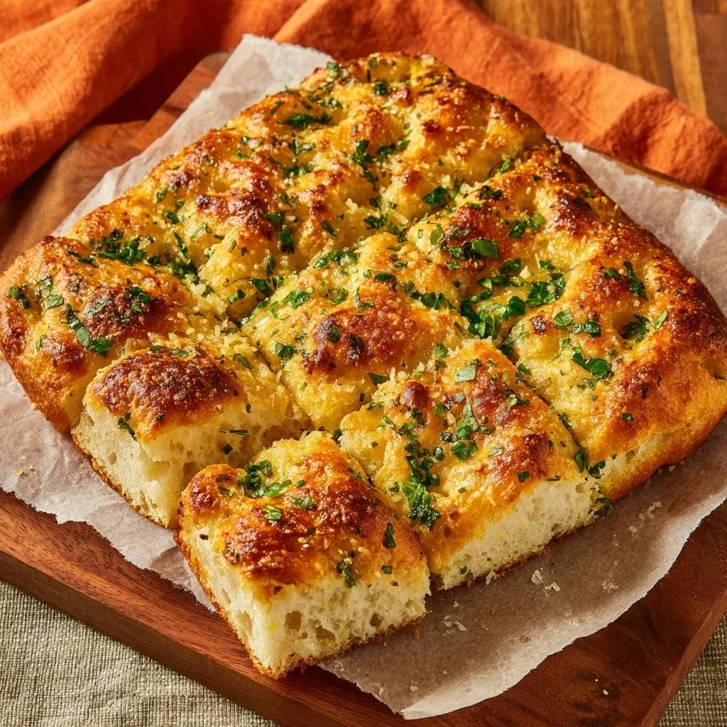 Rosemary garlic parmesan focaccia with big bubbles, sliced to reveal its fluffy interior and topped with fresh herbs.