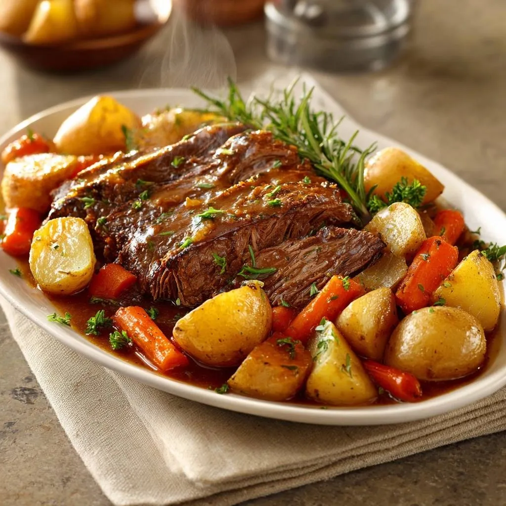 Rosemary pot roast sliced and served with roasted potatoes and carrots, garnished with fresh rosemary.