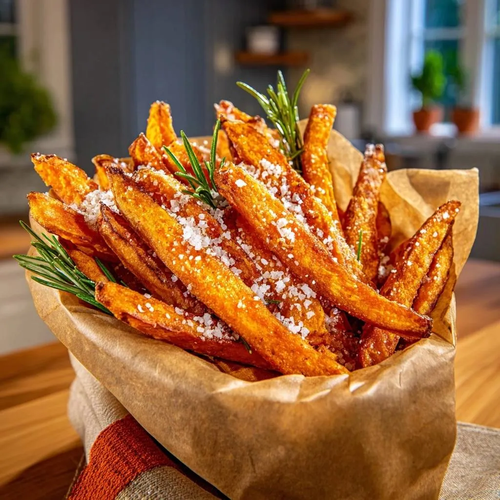 Rosemary sea salt sweet potato fries served in a brown paper basket with fresh rosemary sprigs as garnish.