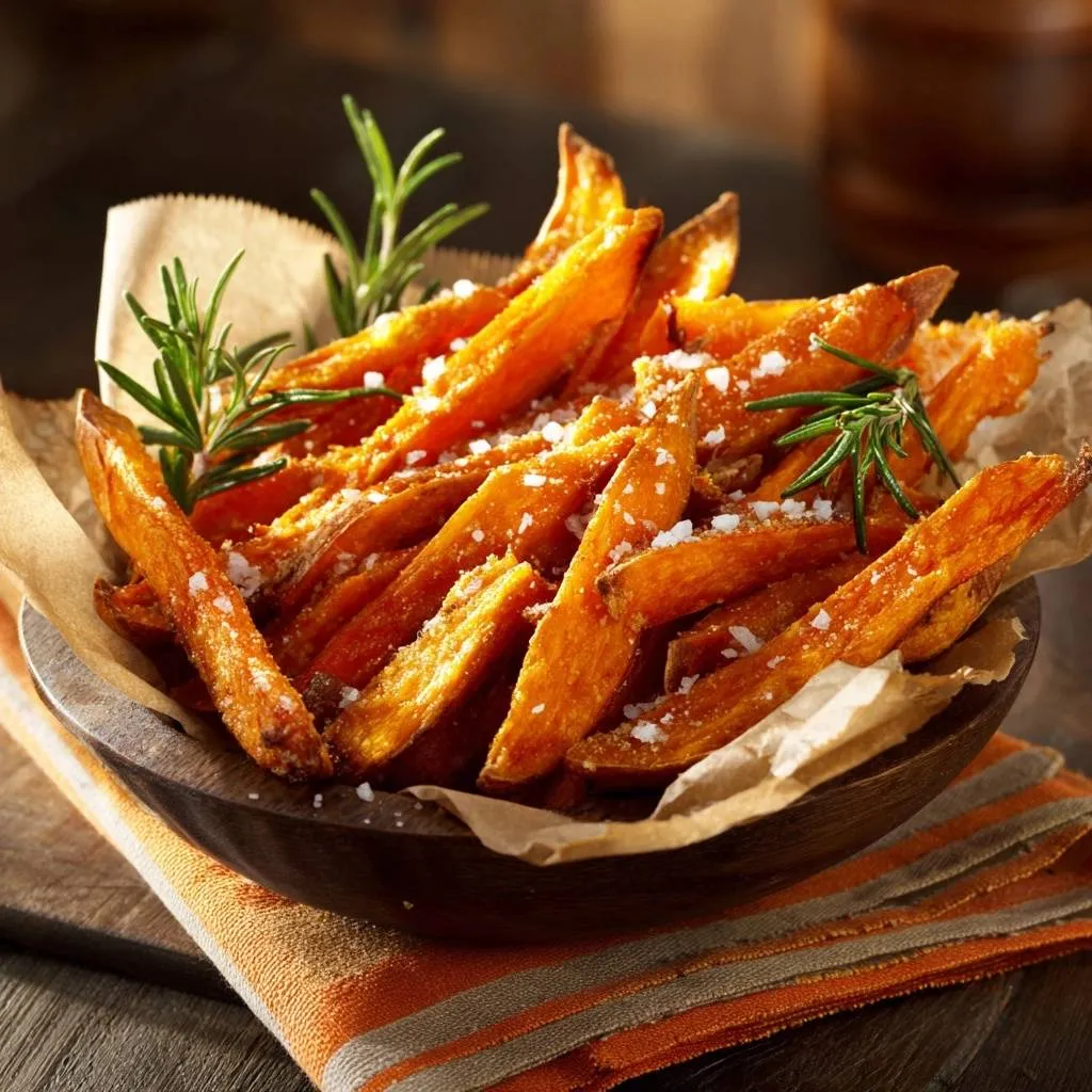 Crispy rosemary sweet potato fries are generously sprinkled with coarse sea salt and garnished with fresh rosemary sprigs.