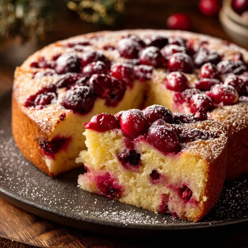 Rustic cranberry cake with no sinking berries, shown as a close-up cross-section revealing its moist interior and whole berries.