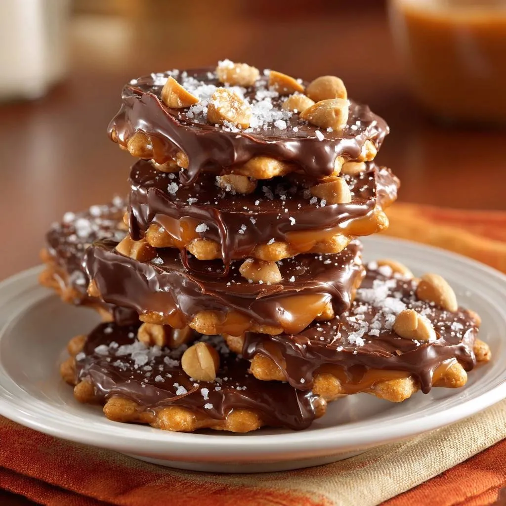 Salted chocolate peanut toffee with perfect snap, stacked high and showing a close-up detail of the layers of caramel and chocolate.