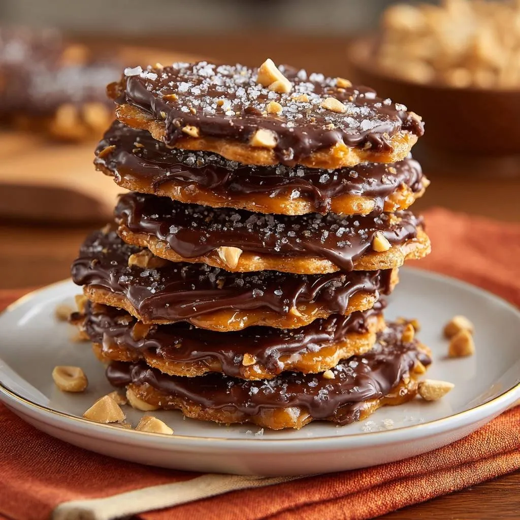 Salted chocolate peanut toffee stack detail showing layers of caramel, chocolate, and peanuts on a white plate.