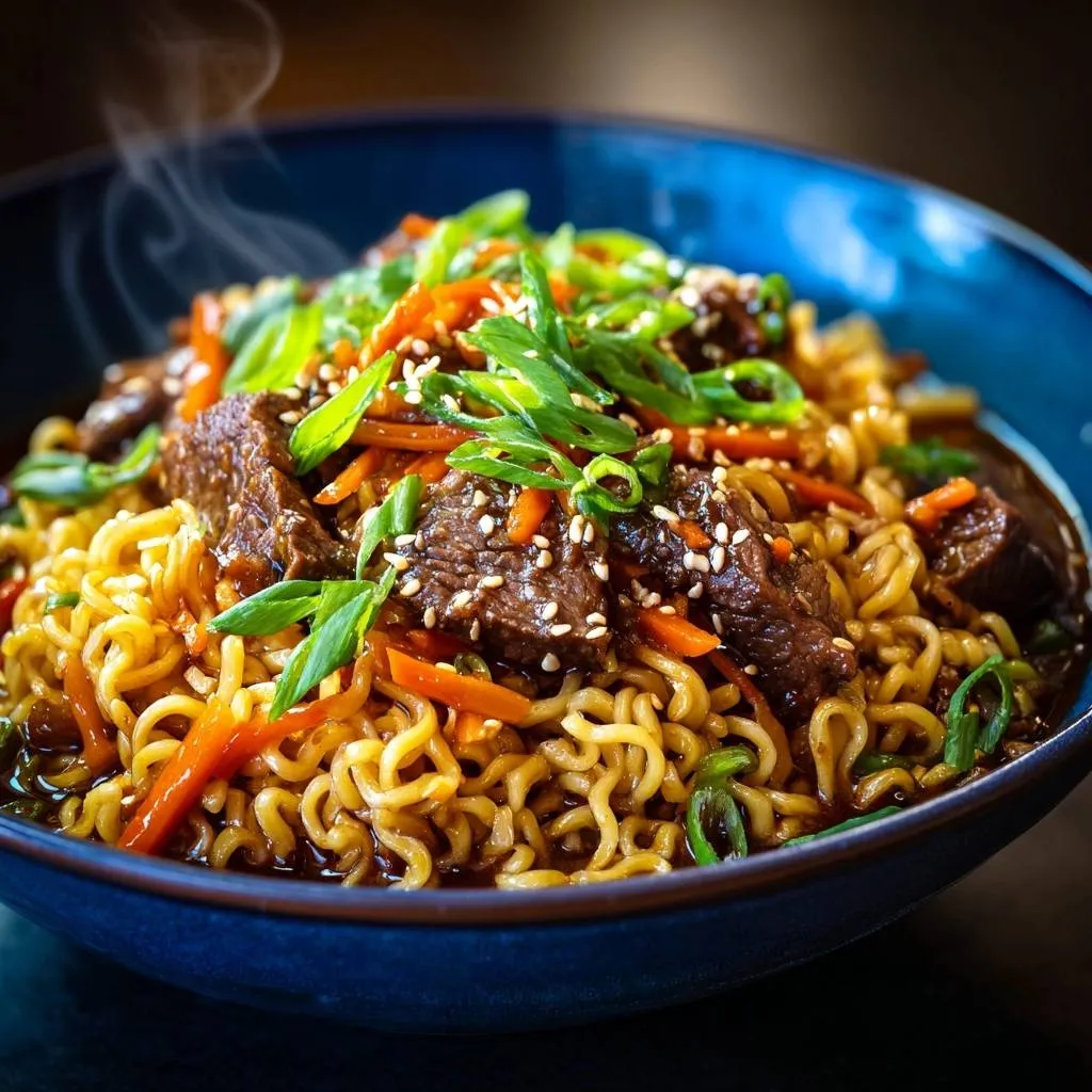 Saucy beef ramen with tender slices served steaming hot in a blue bowl garnished with green onions and sesame seeds.