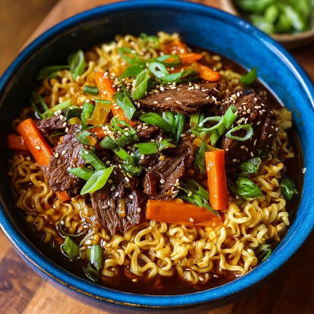 Saucy beef ramen with tender slices, showcasing a close-up view of the beef and noodle topping garnished with scallions and sesame seeds.