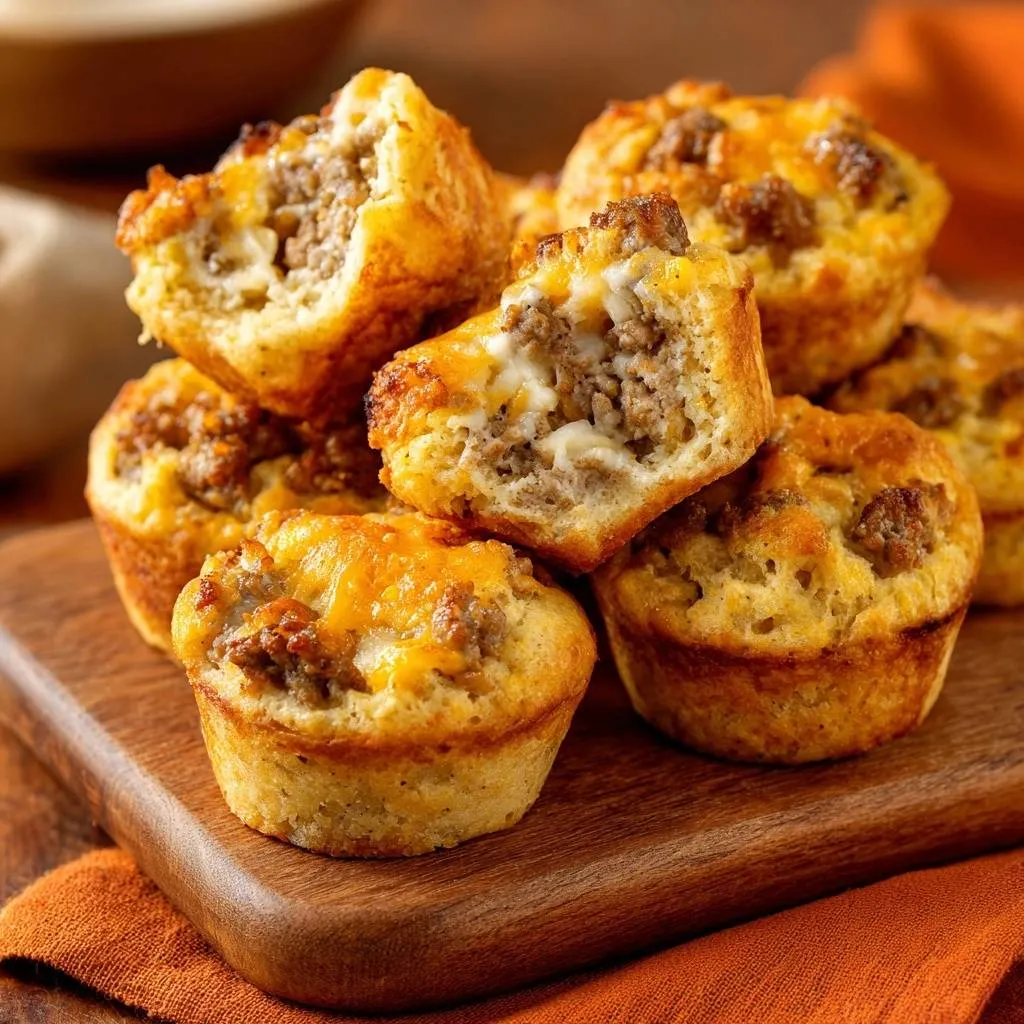 Sausage cheese muffins, one broken open to reveal the fluffy interior and savory filling.