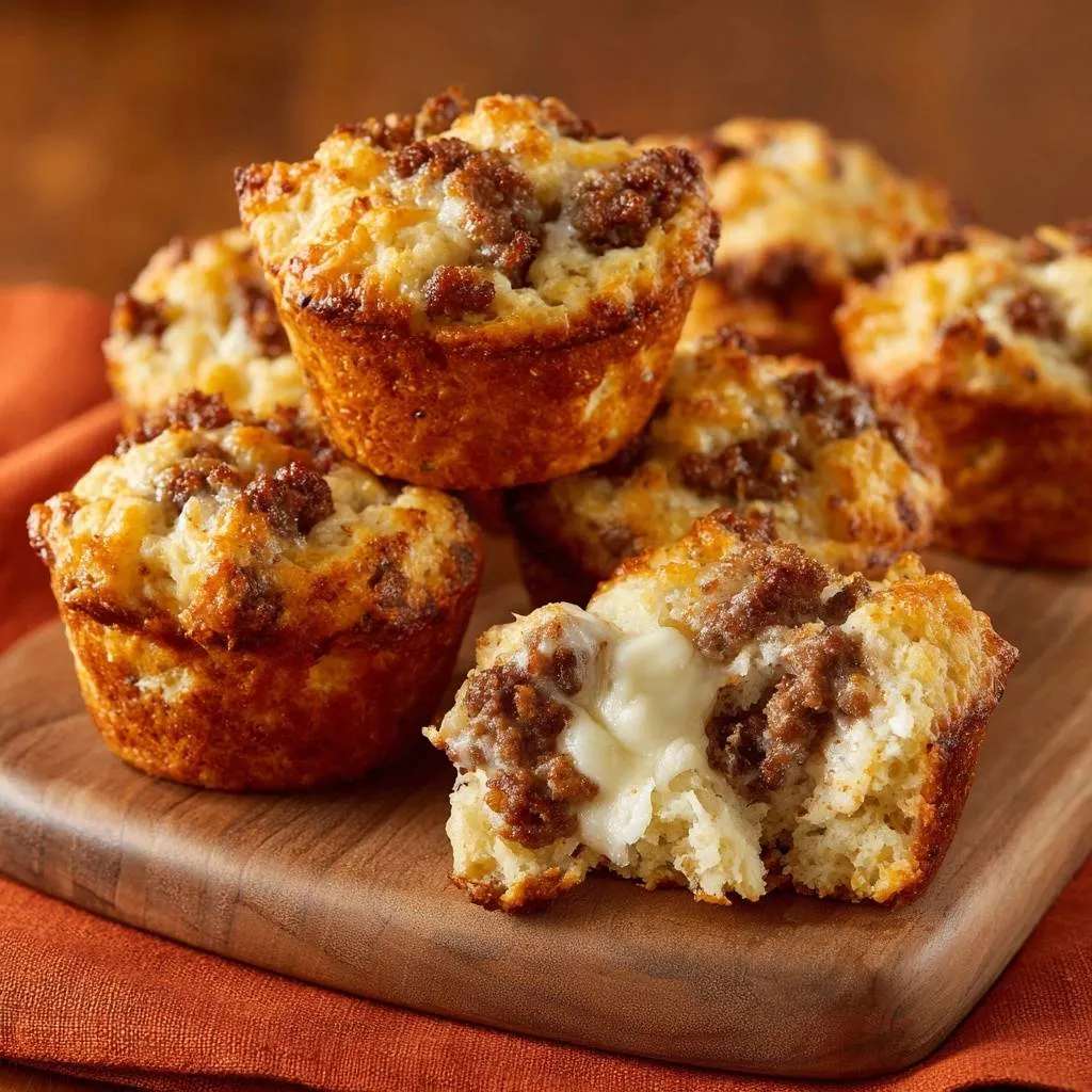 Sausage cheese muffins cross-section revealing a fluffy interior with melted cheese and savory sausage.