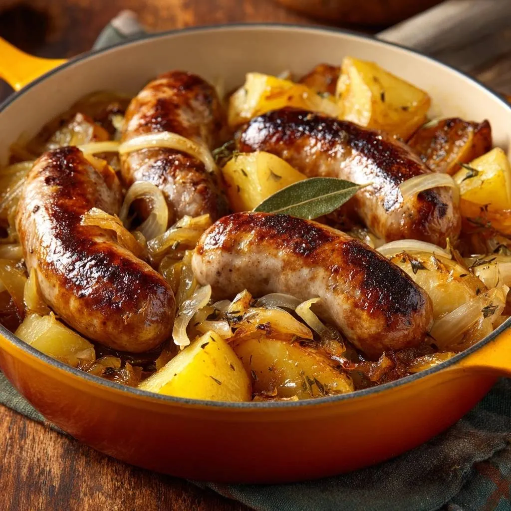 Juicy sausage potato onion bake close-up in a yellow pan with golden potatoes and caramelized onions.