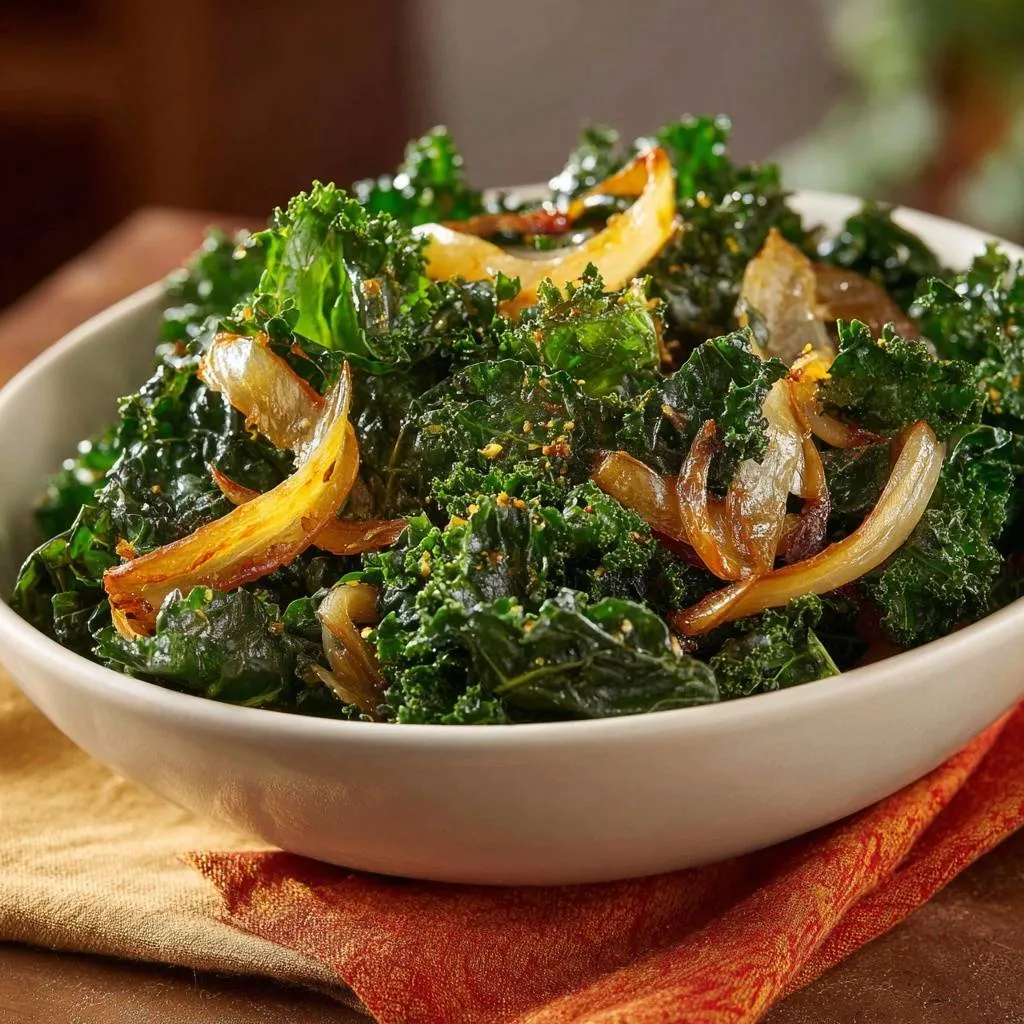 Sauteed kale with caramelized onions served in a white bowl, presented as a close-up detail shot.