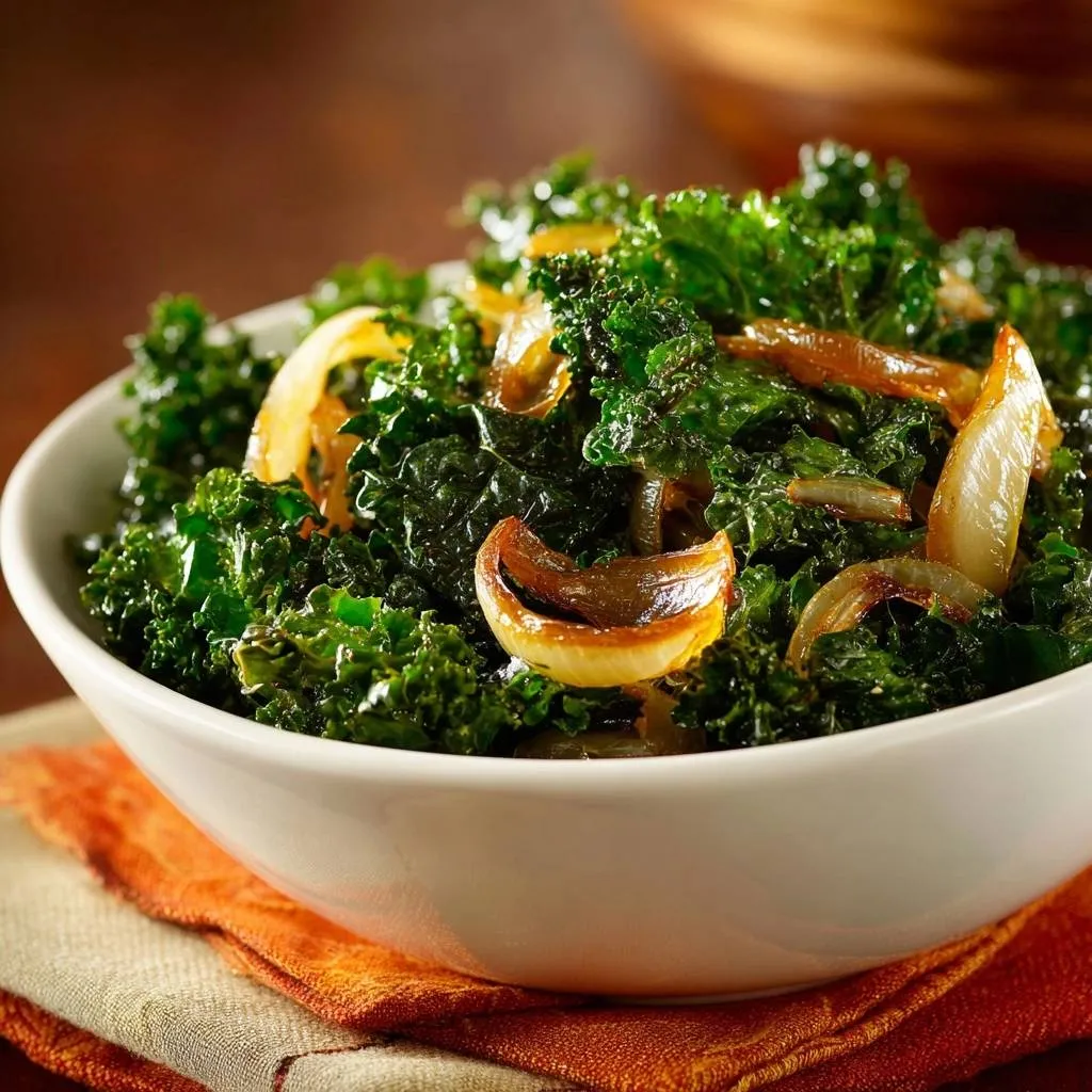 Sauteed kale with caramelized onions served in a white bowl, captured in a close-up view.