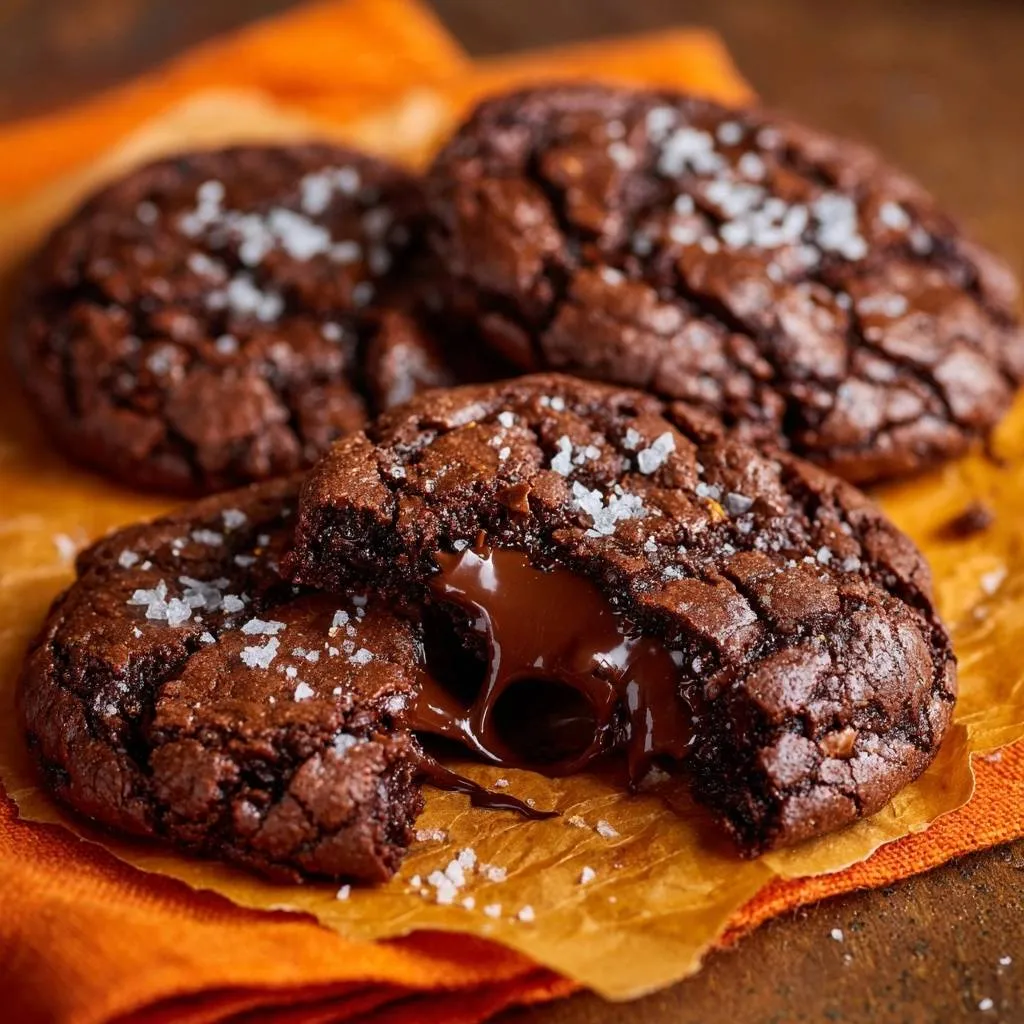 Sea Salt Chocolate Lava Cookies with molten center, shown in a close-up cross-section revealing the gooey interior.