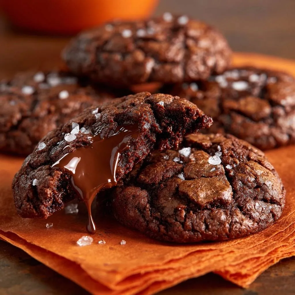 Sea Salt Chocolate Lava Cookies with molten centers, one cookie broken open to reveal gooey chocolate.