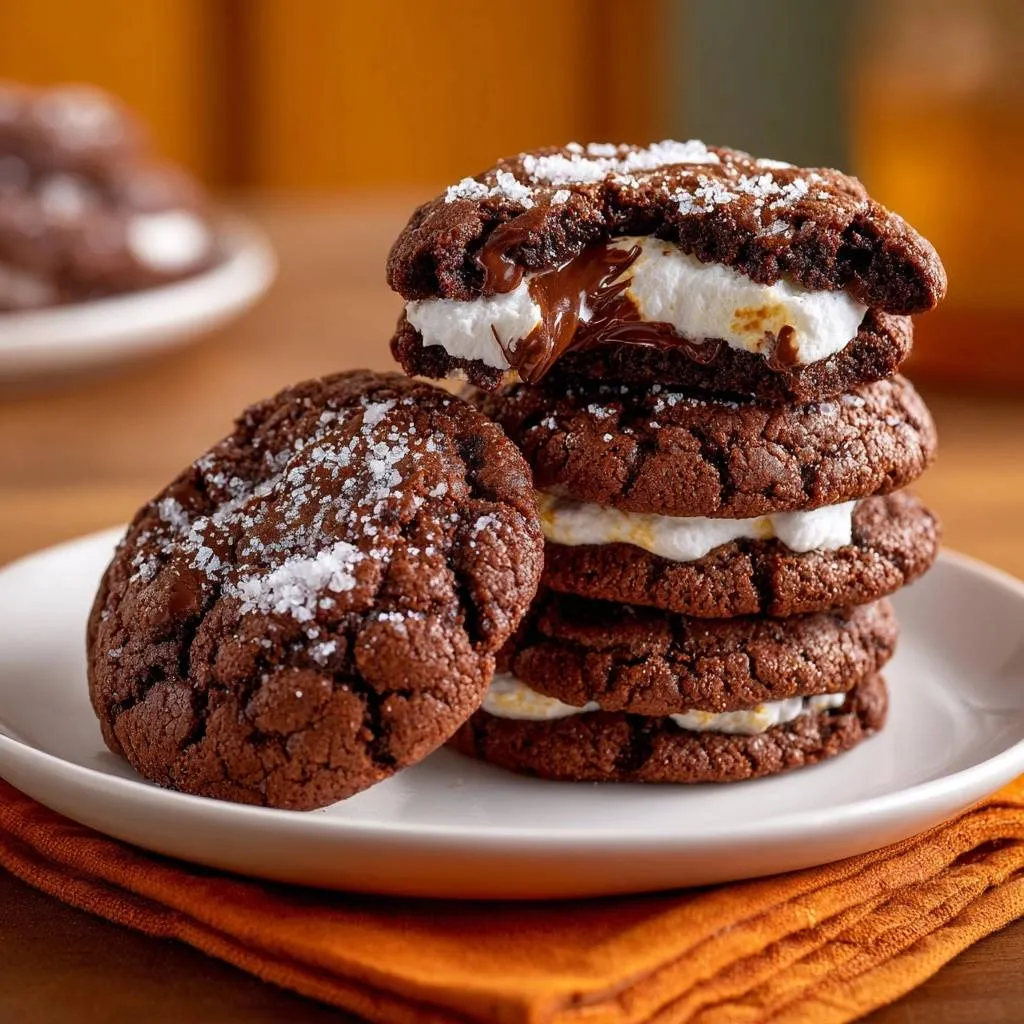 Sea Salt Chocolate Marshmallow Cookies with a gooey, melted marshmallow and chocolate interior visible in a close-up view.