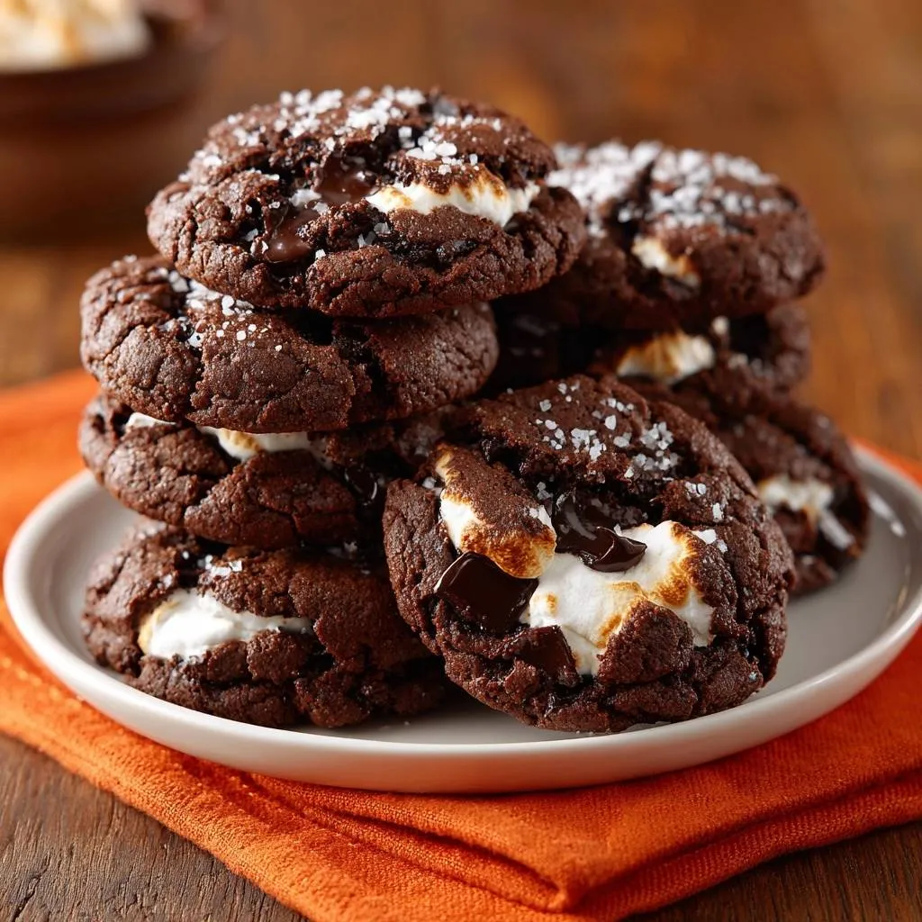 Sea Salt Chocolate Marshmallow Cookies are stacked high on a white plate, showing gooey marshmallow and chocolate centers.