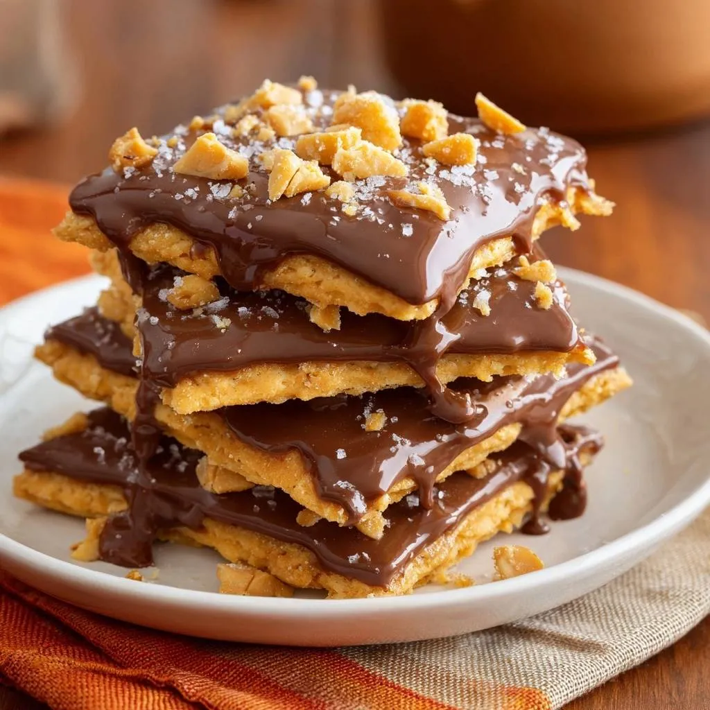 Sea Salt Chocolate Peanut Brittle recipe shown stacked high on a white plate with a close-up view.