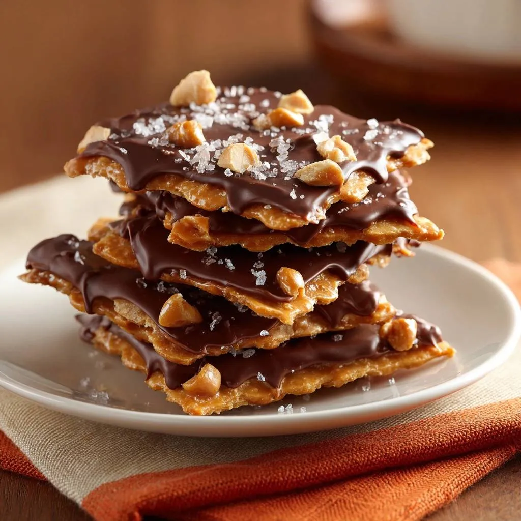 Sea salt chocolate peanut brittle stacked high on a white plate, drizzled with chocolate and topped with peanuts.