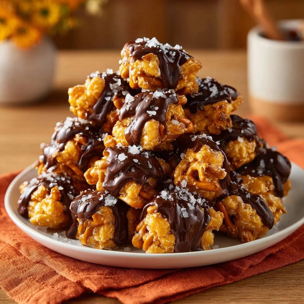 Sea Salt Chocolate Pretzel Clusters stacked high on a white plate, drizzled with chocolate and sprinkled with coarse salt.