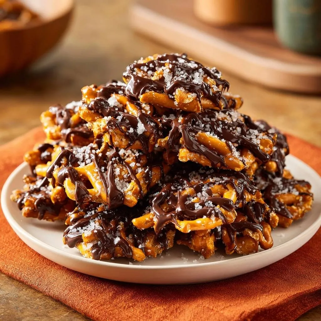 Sea Salt Chocolate Pretzel Clusters stacked high on a white plate, drizzled with chocolate and sprinkled with sea salt.