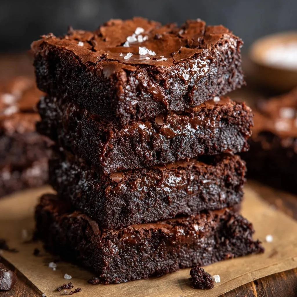 Sea Salt Fudge Brownies stacked in a close-up view, showcasing their dense and gooey texture with flaky sea salt on top.