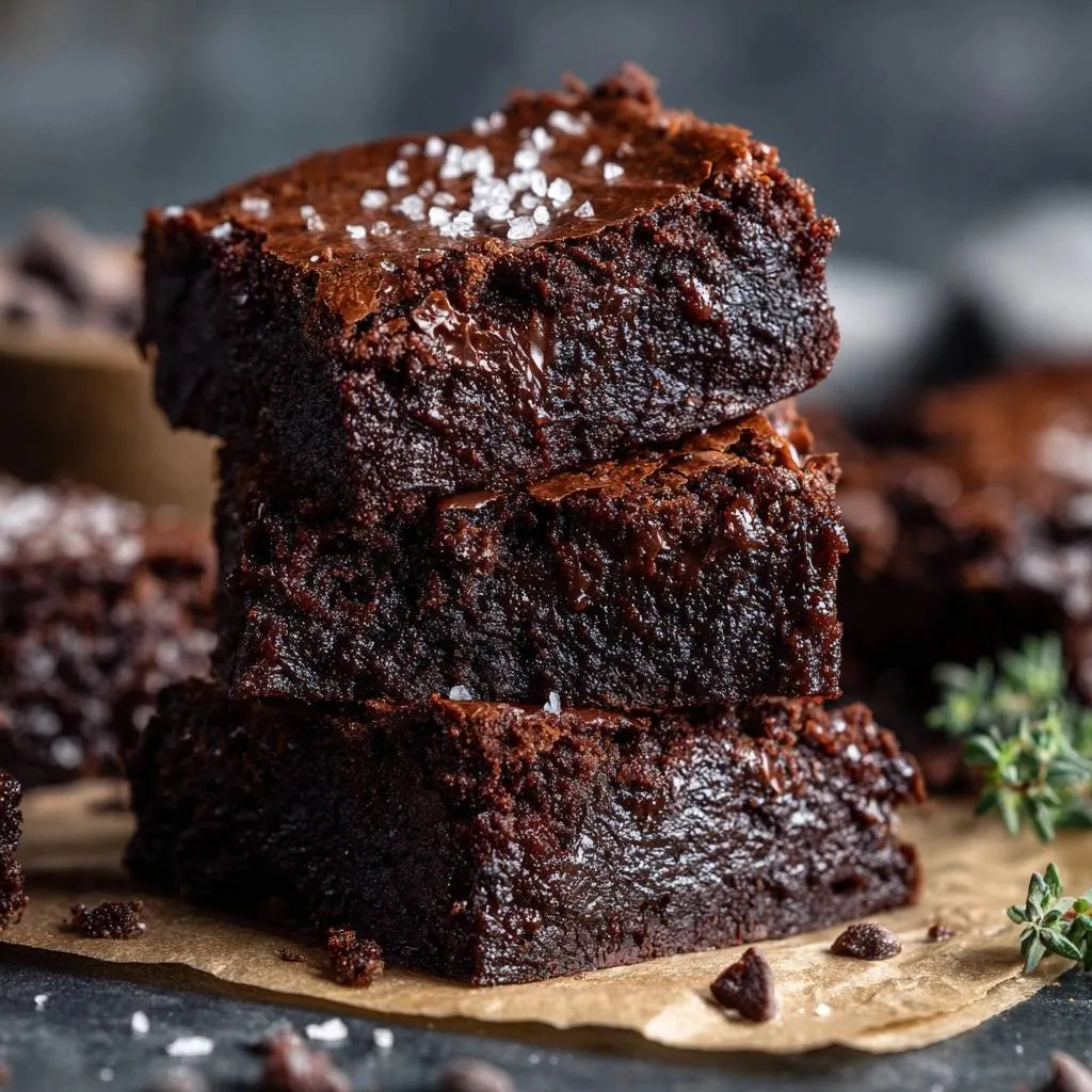Sea salt fudge brownies, a stack of three dense and gooey brownies with flaky sea salt crystals sprinkled on top.