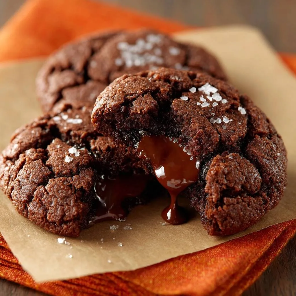 Sea Salt Molten Lava Cookies with Oozing Centers, showing a close-up of the gooey chocolate interior of a broken cookie.