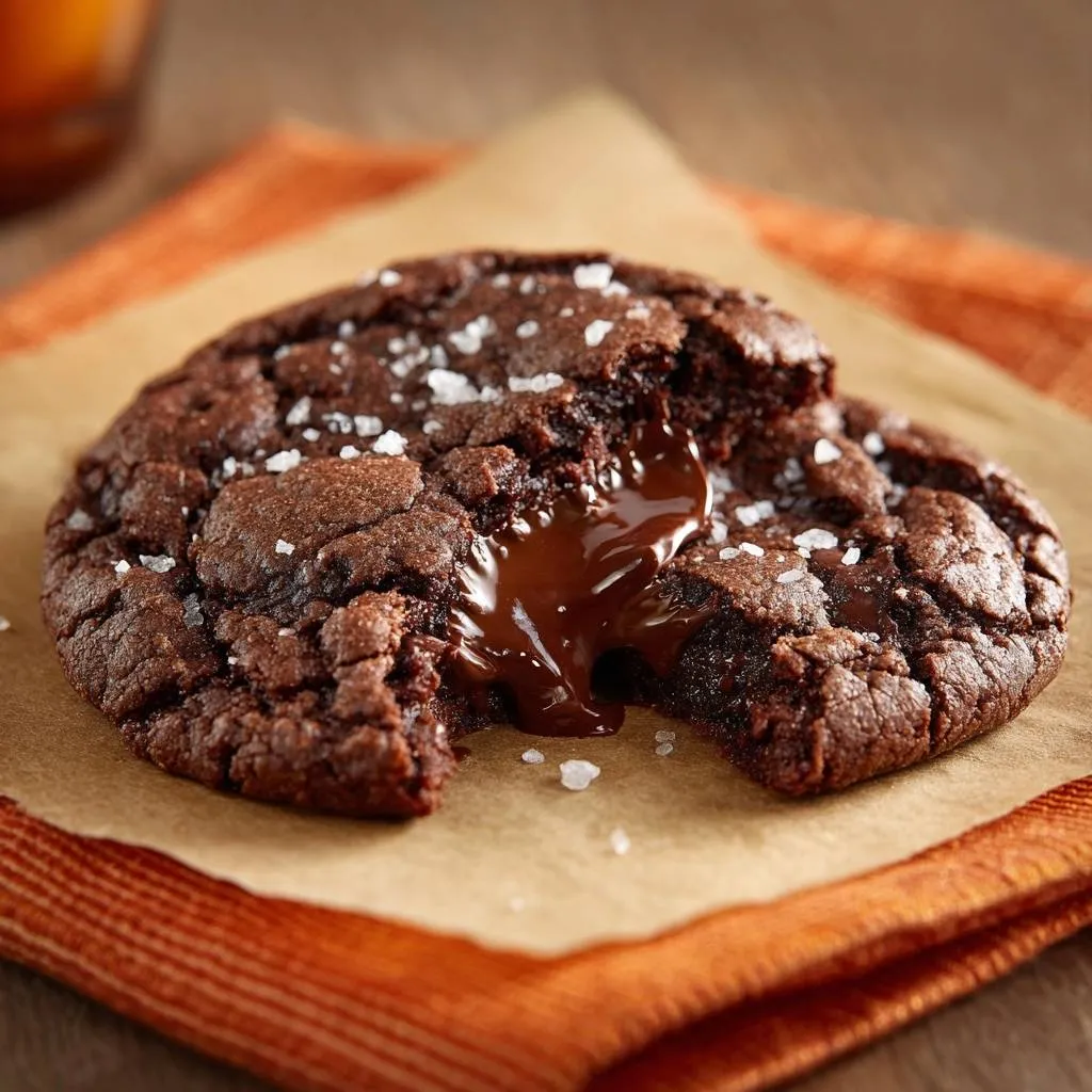 Sea salt molten lava cookies with oozing centers, showcasing a rich, melted chocolate interior and flaky sea salt topping.