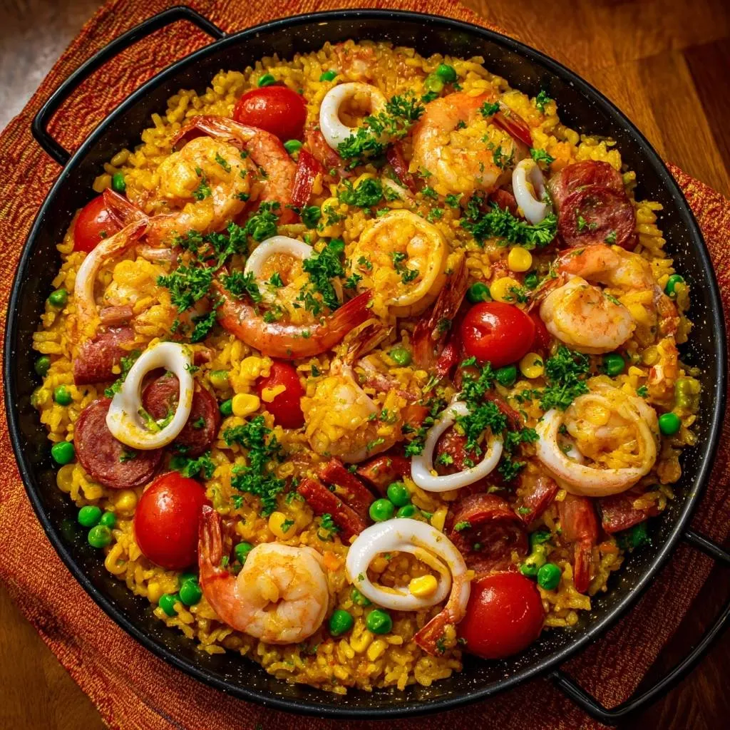 Seafood paella with a foolproof socarrat crust shown in a full overhead view with shrimp, calamari, and chorizo.
